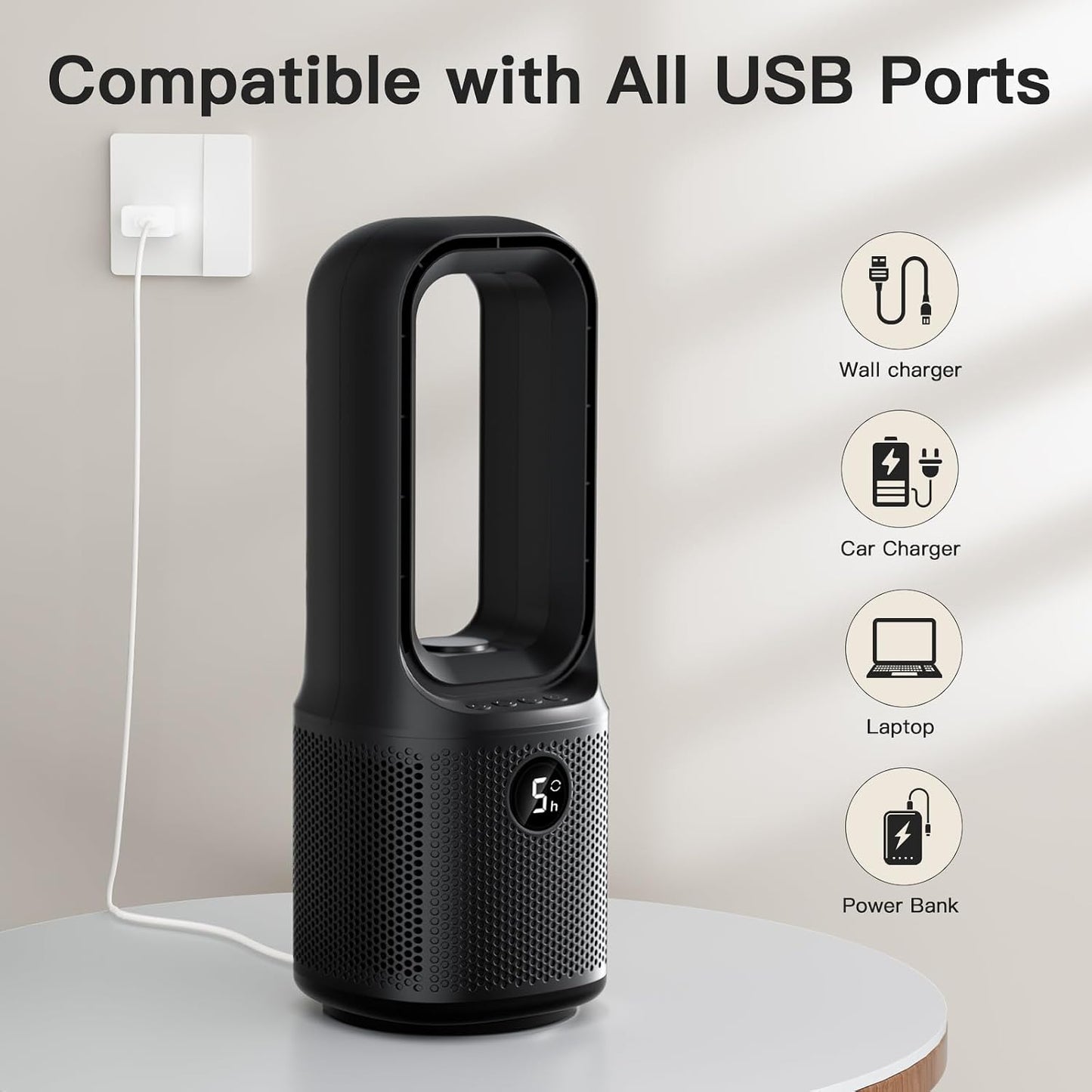 let'me Bladeless Desk Fan Small Quiet, 5-Speed Bedside Table Fan with 3-Level Brightness Night Light, 72° Oscillation, 9-Hour Timer, Wired Power with Adapter, Fan for Bedroom Office Home, 13x5 Inch