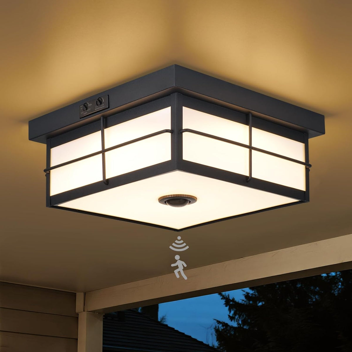 24W LED Motion Sensor Outdoor Ceiling Light, Smart Square Flush Mount Fixture, 3CCT Selectable Dusk to Dawn Porch Light for Garage, Entryway, Patio, Modern Farmhouse Black