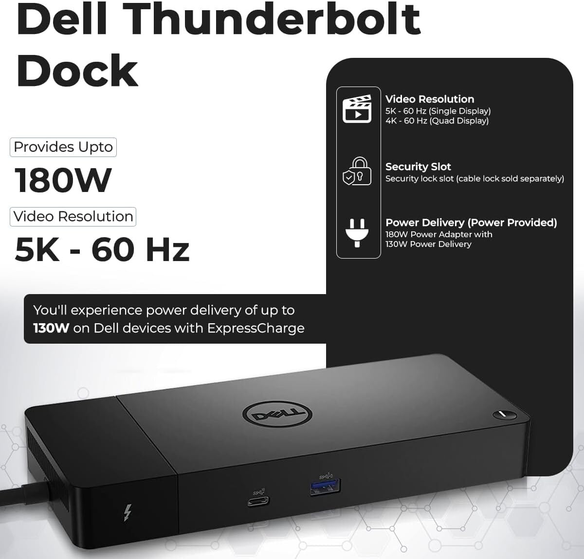 Dell WD22TB4 Thunderbolt 4 Dock Bundle - 40Gbps USB-C/USB-A, 3 Year Warranty with 180W Adapter, Anyhdd HDMI, DP, USB-C Cable & Cloth - Docking Station, Supports Dual/Triple Monitors & 4k Display