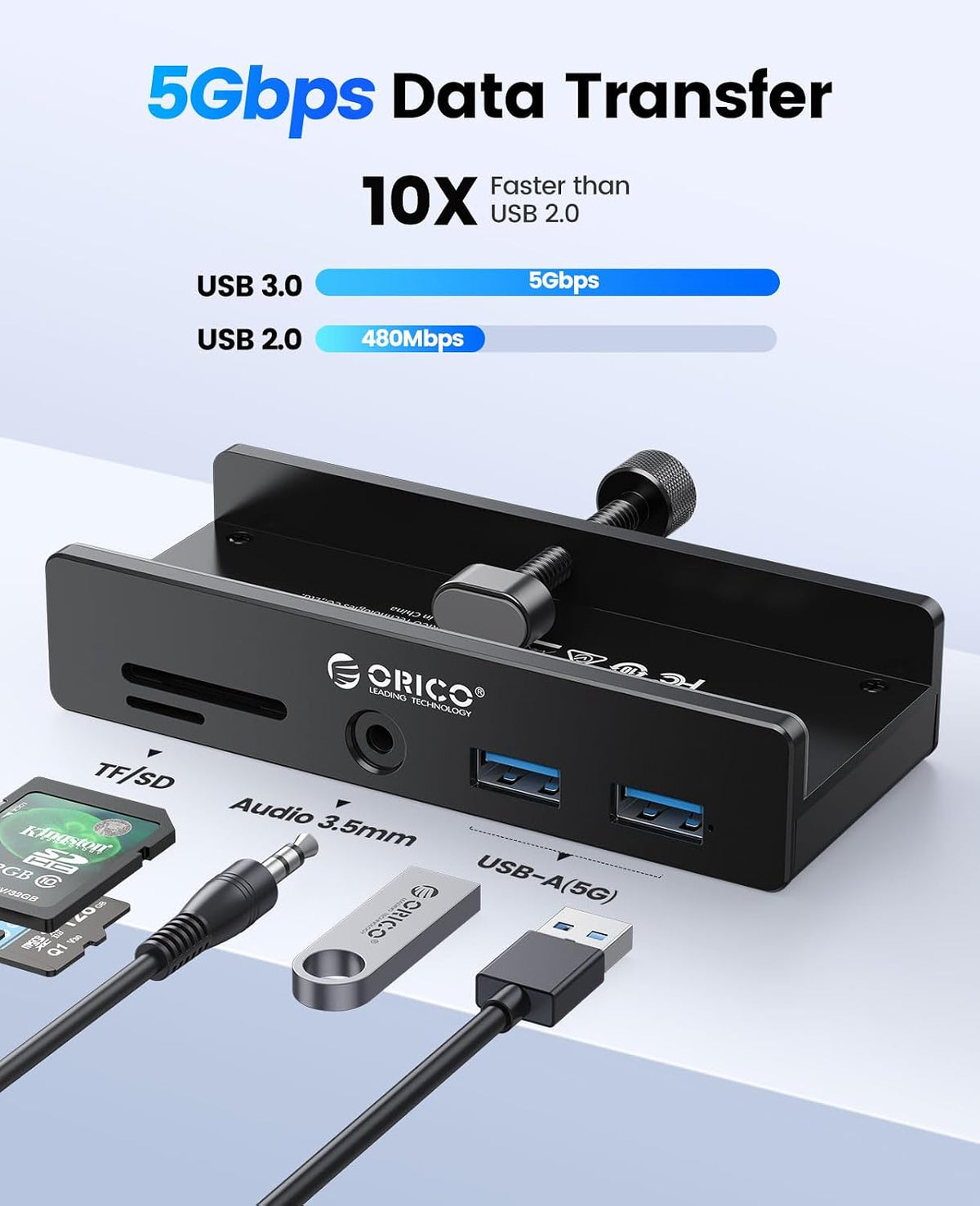ORICO USB Hub 3.0, 5 Ports Clamp USB Hub with Extra Power Port