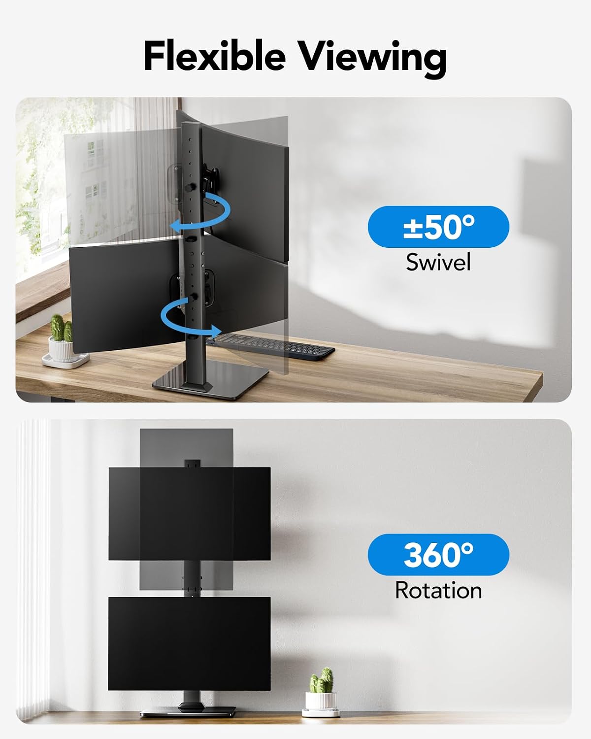 HUANUO Dual Monitor Stand for 13 to 34 Inch, Max Load 44 lbs, Vertical Monitor Mount, Freestanding Monitor Riser with Swivel, Tilt, Rotation, 13 Height Settings, Max VESA 100x100