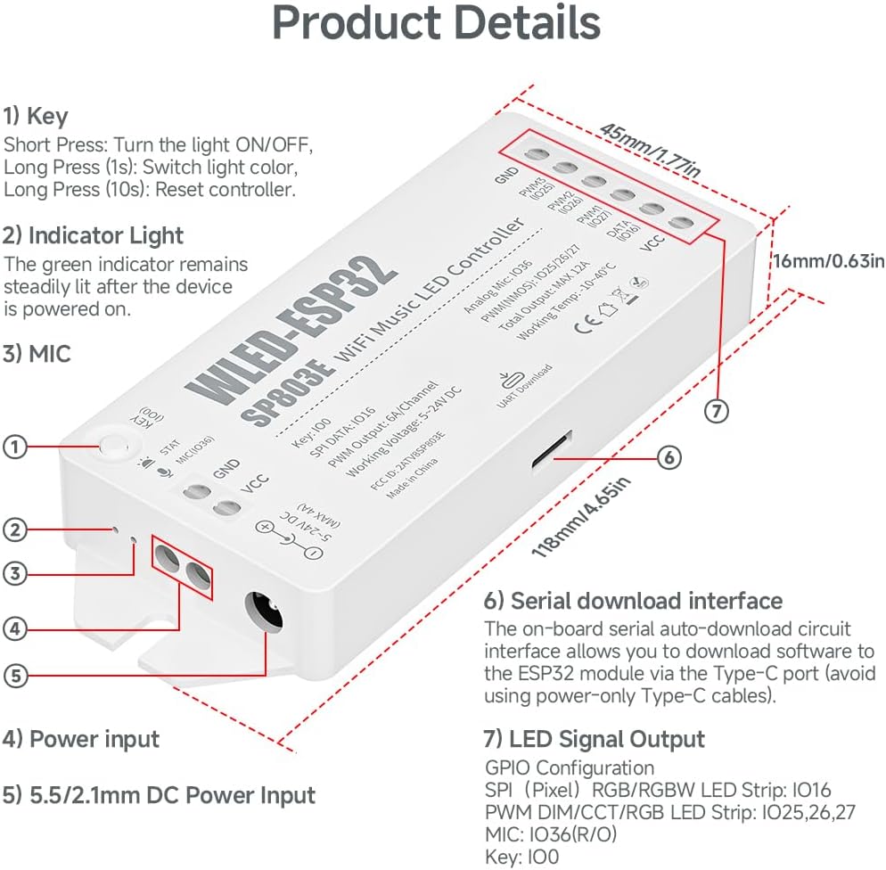 BTF-LIGHTING ESP32 WLED LED Strip Controller SP803E Built-in Mic DIY Dynamic Modes UART USB Type-C Download for WS2811,WS2812,SK6812,WS2814,WS2815 Addressable LED Strip/Matrix,PWM Dimming CCT RGB LED