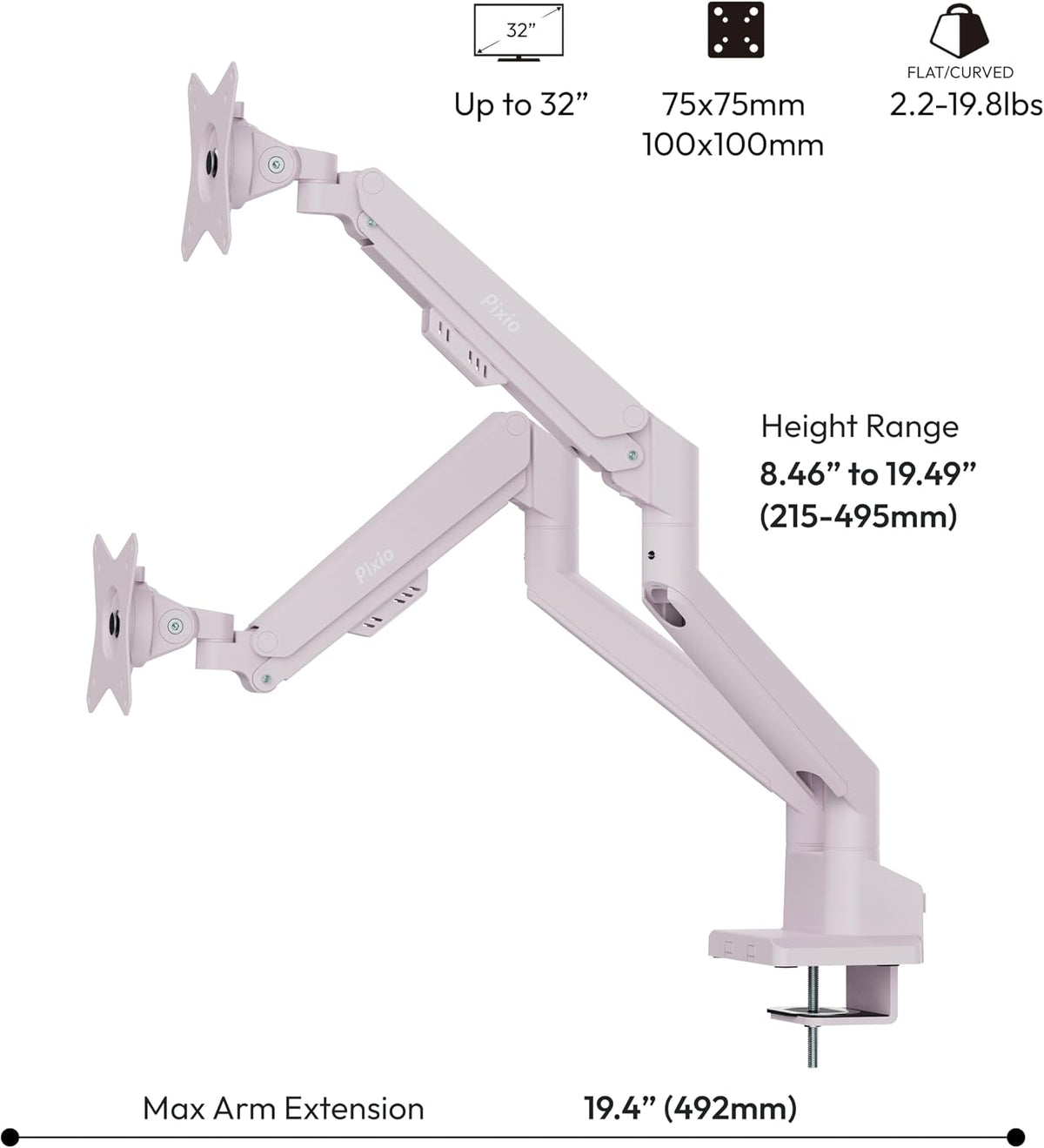 Pixio PS1D Wave Pink Dual Monitor Arm Stand Desk Mount - Fits up to 32 inches Monitors and up to 19.8lbs. VESA Compatibility and Integrated Cable Management