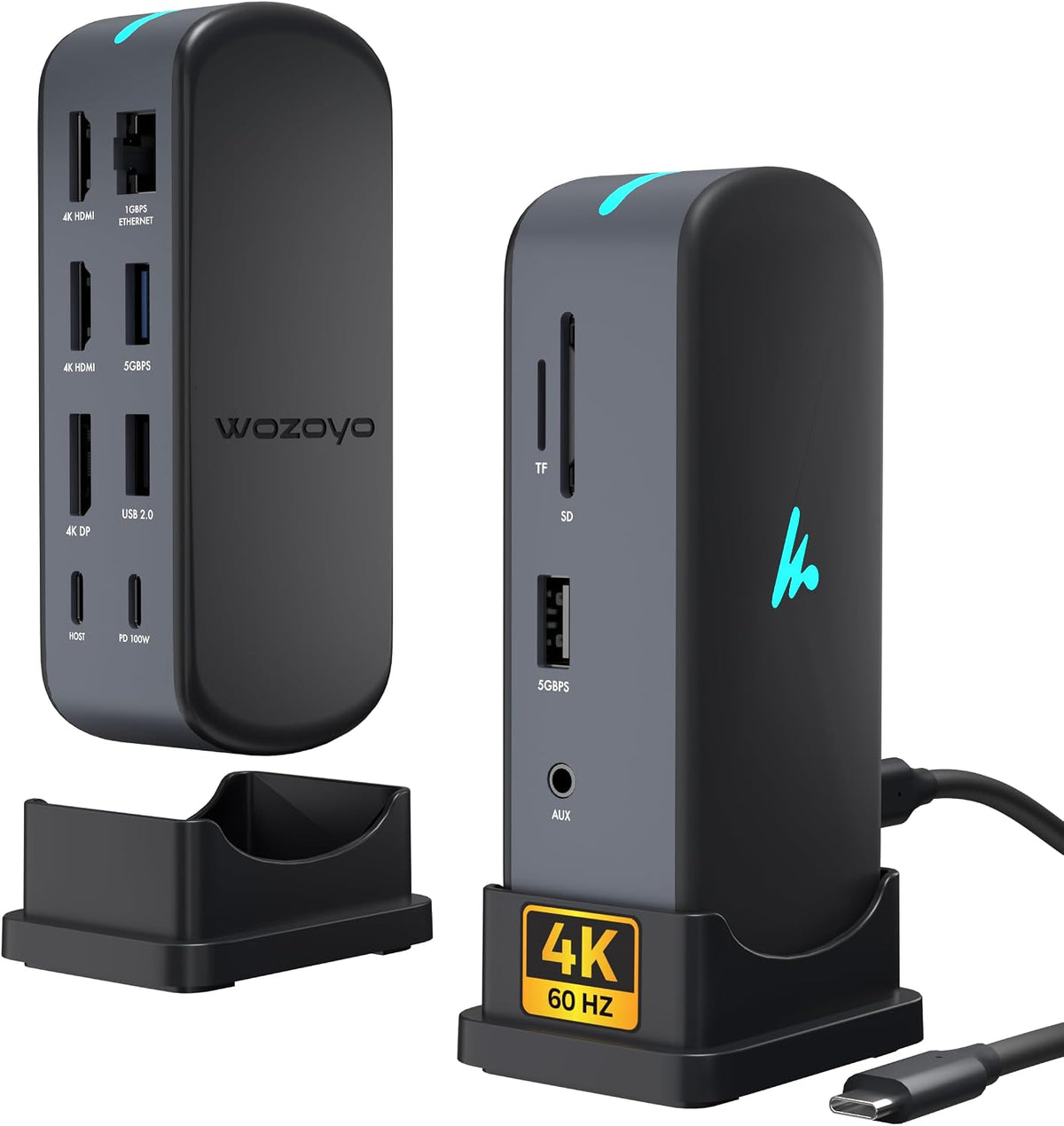 Type C 11 in 1 Wozoyo Docking Station, PD 100W, 2X4K@60Hz HDMI, 4K DisplayPort,2XUSB 5Gbps, 1 Gigabit Ethernet, SD/TF,AUX Port, Compatible Thunderbolt 4, macOS, Windows, Android & iOS
