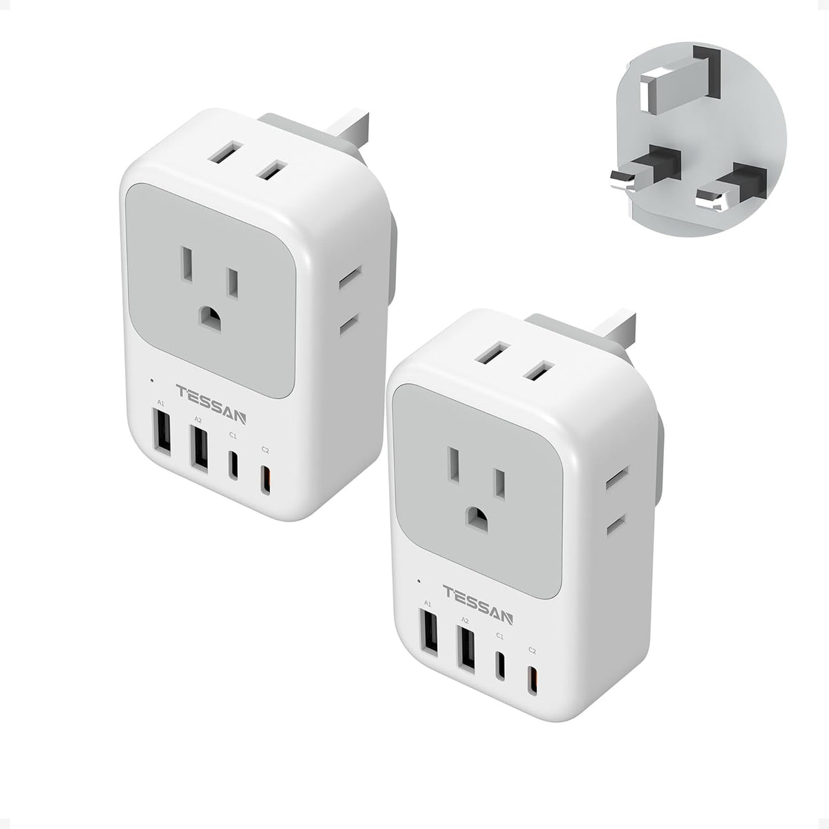 TESSAN Type G Adapter for Travel 2 Pack, PD 20W US to UK Plug Adapter | 4 AC Outlets, 4 USB Ports (2 USB C), Ireland Power Adaptor, USA to England London British Scotland Dubai Hong Kong Kenya