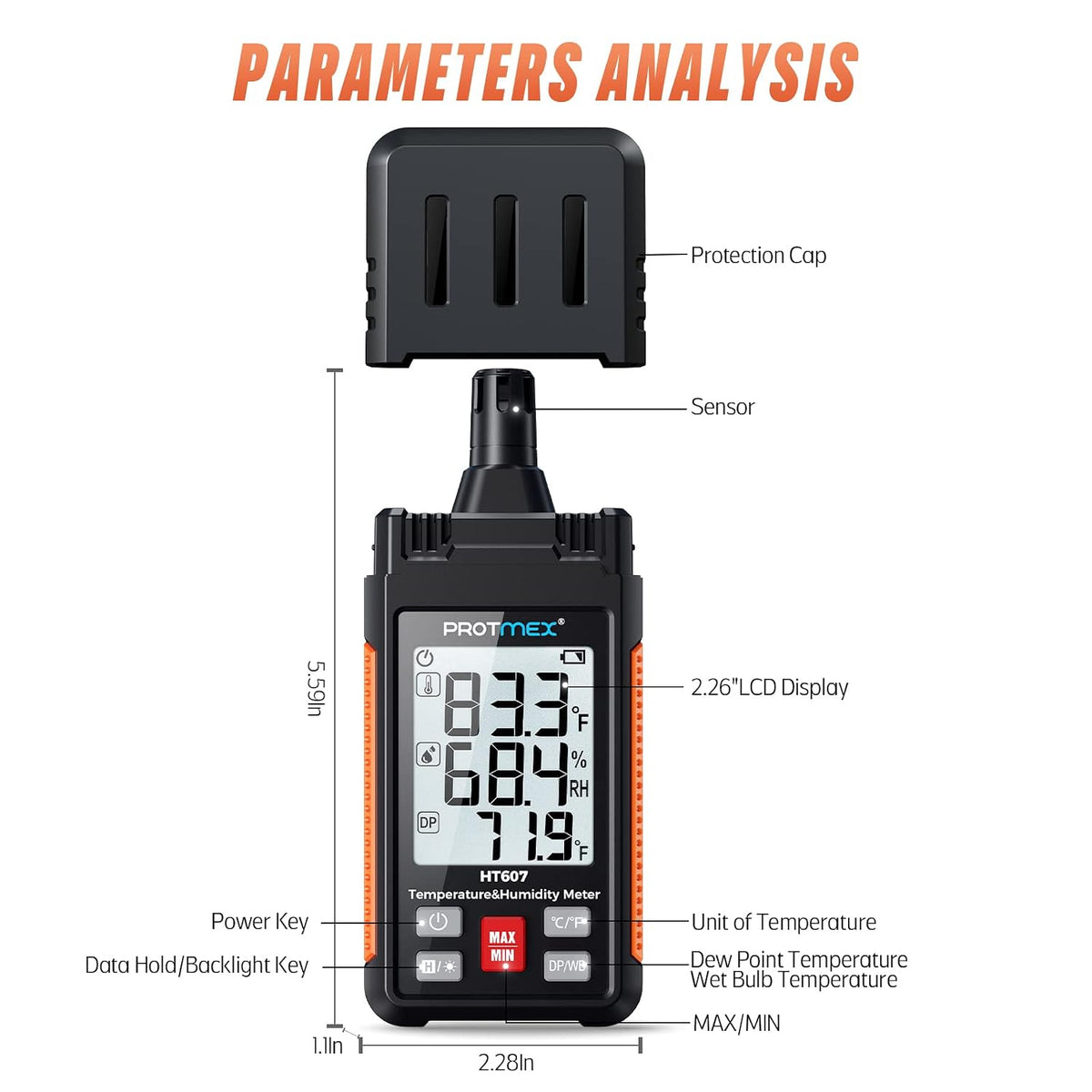 HT607 Temperature Humidity Meter - Large LCD Backlight with Cover Protector