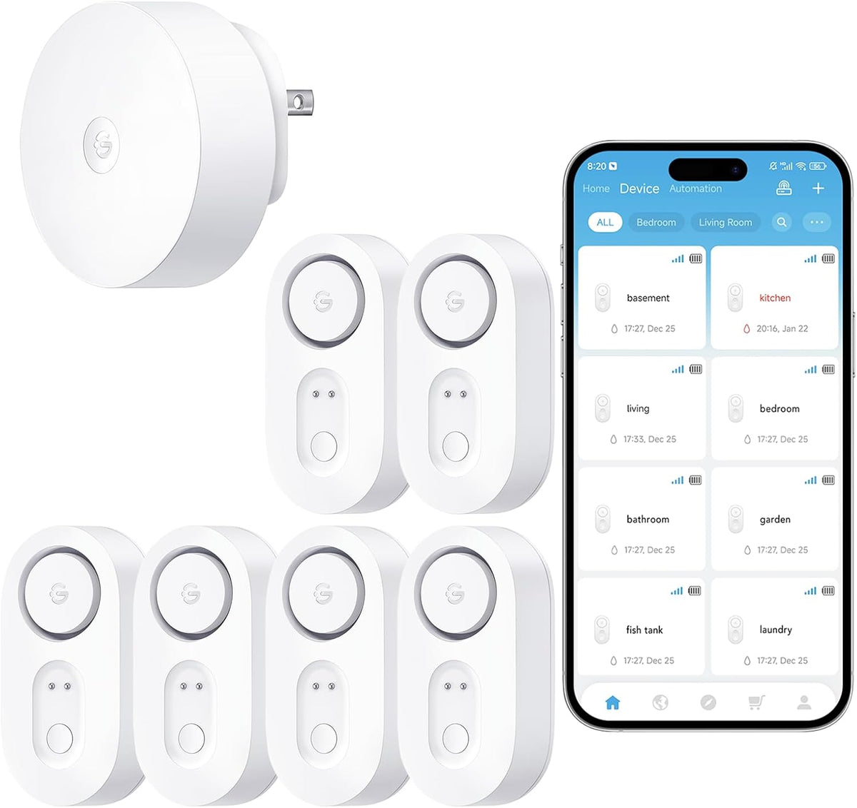 GoveeLife WiFi Water Leak Detector for Home Bundle with sub-Device with 105dB Adjustable Alarm,Water Sensor with 1804ft Long Monitoring Rang