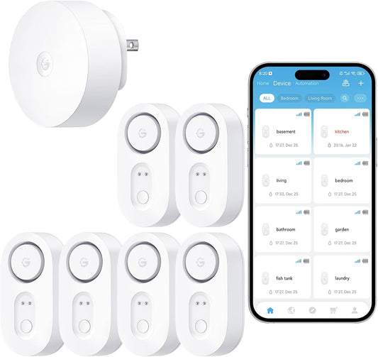 GoveeLife WiFi Water Leak Detector for Home Bundle with sub-Device with 105dB Adjustable Alarm,Water Sensor with 1804ft Long Monitoring Rang