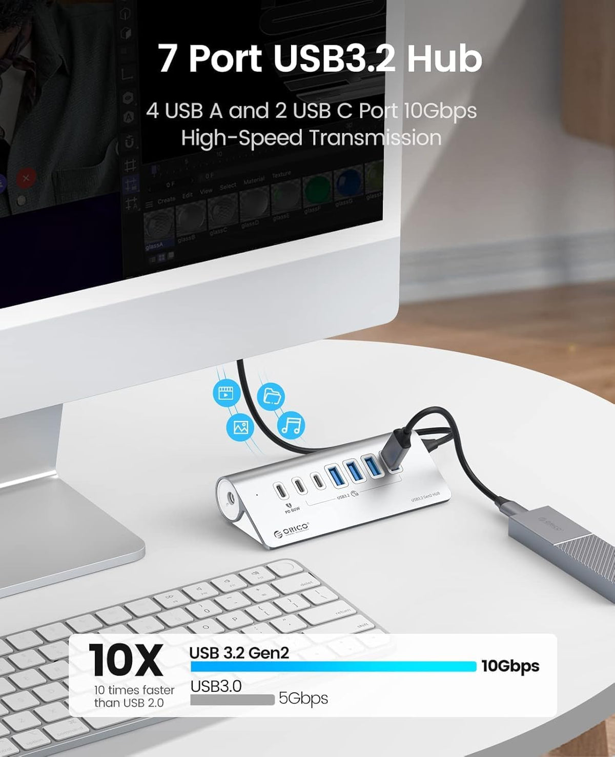 ORICO 7-Port USB 3.2 Gen2 Hub, Powered USB 3.2 Hub with 4 USB-A, 2 USB-C, PD 60W, 72W Power Adapter, 10Gbps Aluminium USB-Splitter with 3.28Ft USB-C to USB-C Cable for iMac, MacBooks, Mac mini