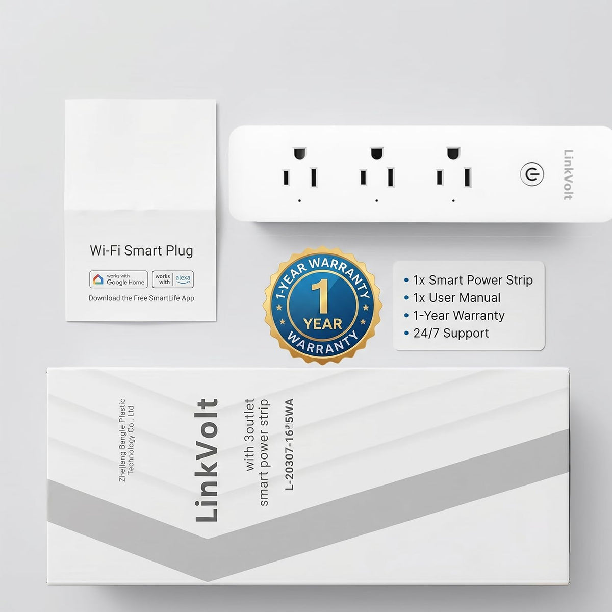 LINKVOLT Smart Power Strip WiFi Surge Protector Alexa Google Home Voice Control Outlet Extender for Home Office 3AC 15A 1875W 2.4GHz Voice Control