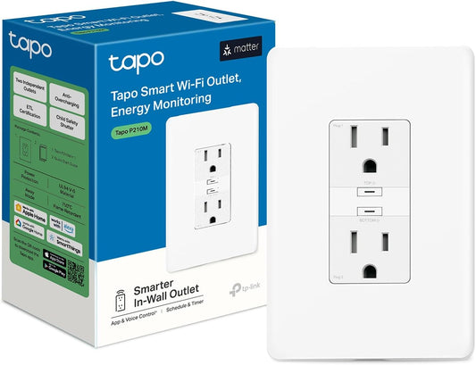 Tapo Smart Plug, Wi-Fi in-Wall Outlet, Matter Compatible, Energy Monitoring, 15A/1800W Max, Works with Alexa, Apple Home, Google Home, SmartThings, Voice/Remote Control, ETL Certified - Tapo P210M