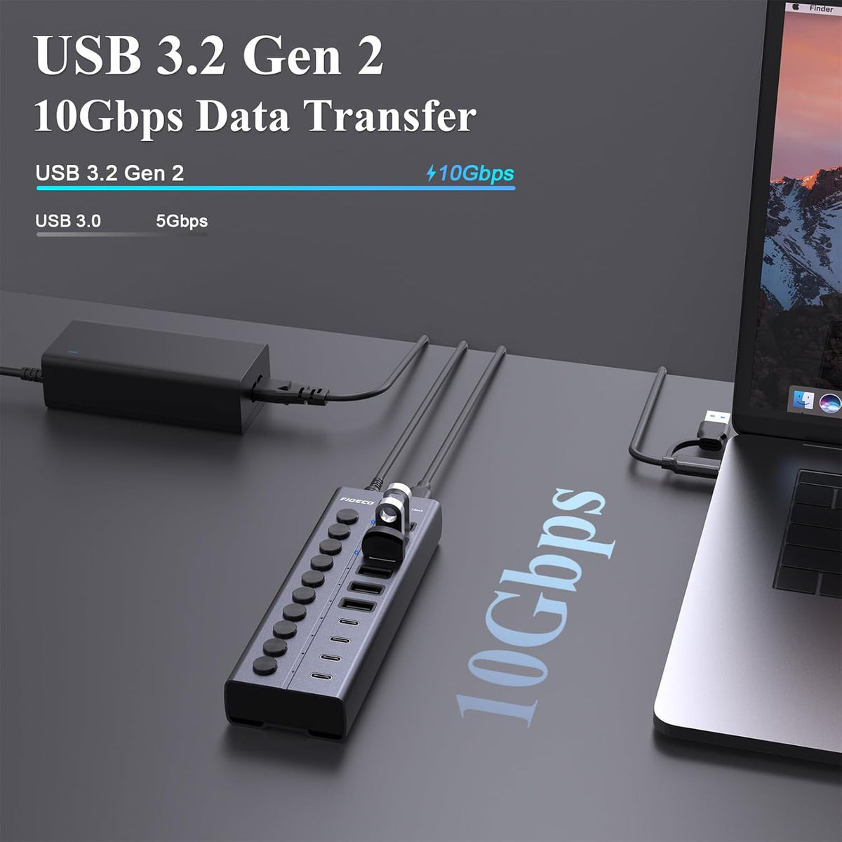 FIDECO 60W Powered USB Hub for Laptop and PC, 10-Port 10Gbps USB Splitter with 12V 5A Power Adapter, Aluminum USB 3.2 Gen 2 Multiport Adapter, 6 USB-A and 4 USB-C Ports, Support BC1.2 Charging