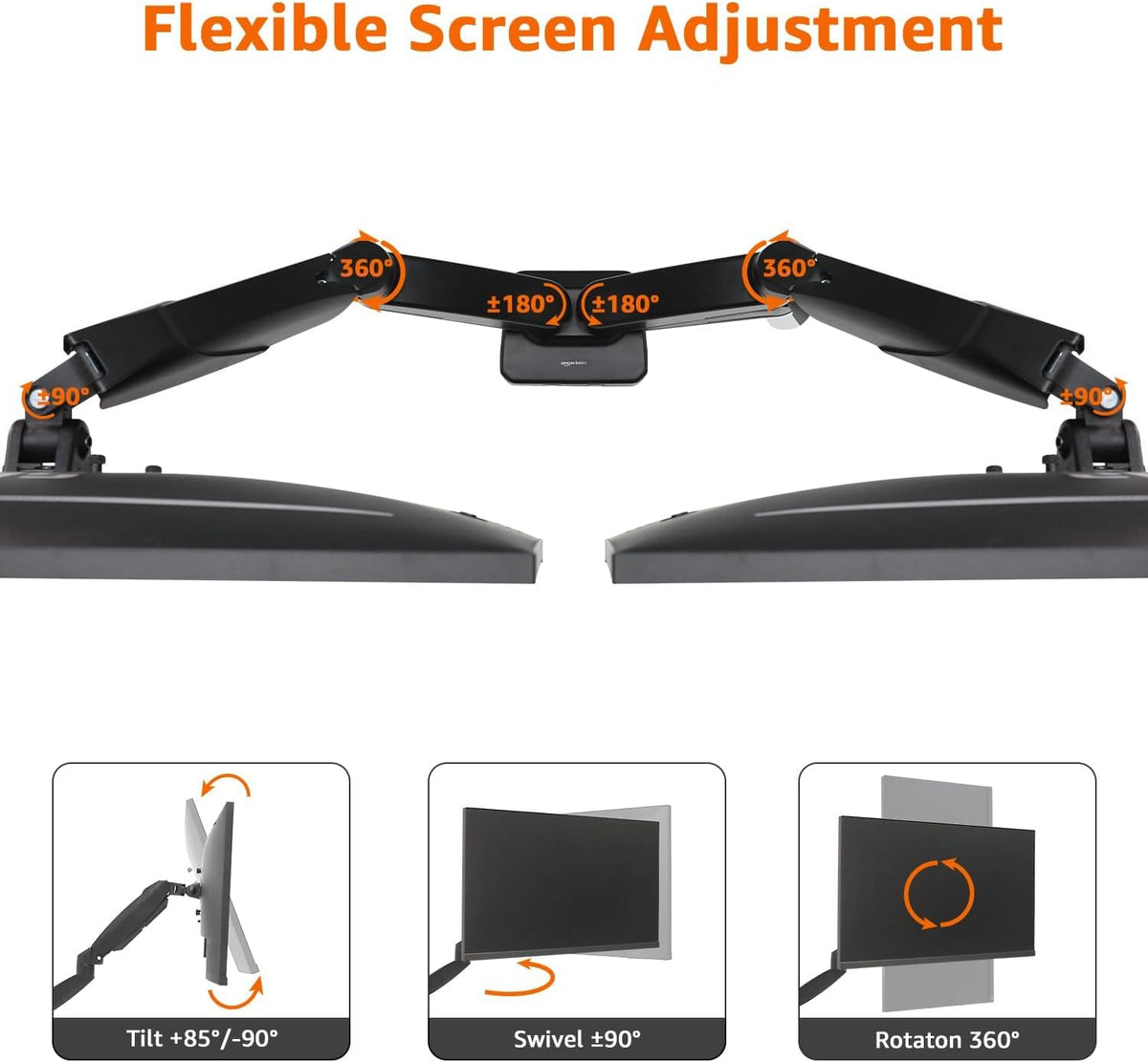 Amazon Basics Gas Spring Dual Monitor Arm Desk Mount, Adjustable Tension, Fits 15–27 Inch Monitors, Supports 4.4–15.4 lbs Each Arm, VESA 75x75/100x100, Black