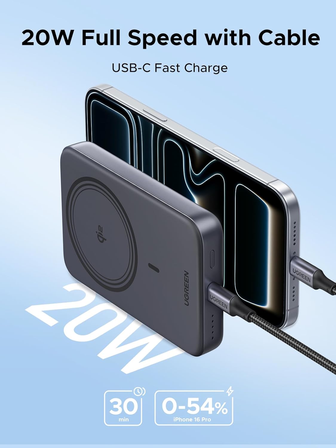 UGREEN 10000mAh Qi2 15W Slim Magnetic Power Bank PD 20W for iPhone 17 | Qi2 15W fast wireless, ultra-slim. USB-C 20W PD wired. MagSafe compatible. For iPhone 17/12