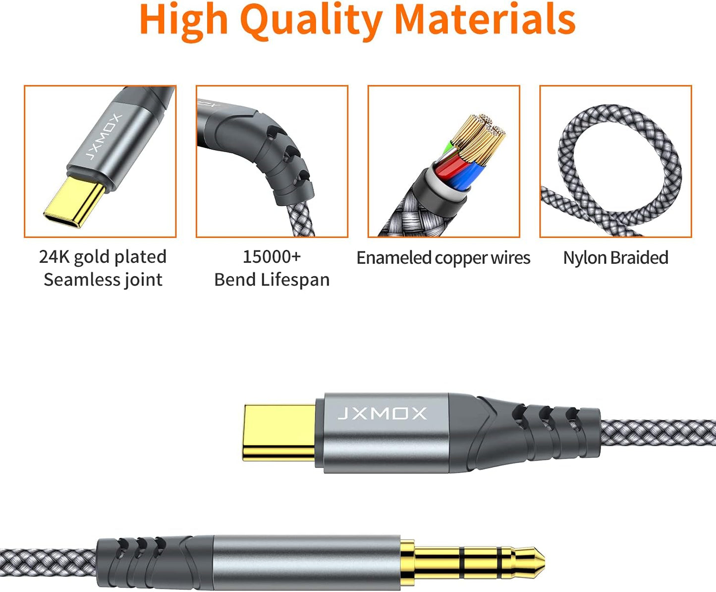 JXMOX USB C to 3.5mm Audio Aux Jack Cable (4ft 2-Pack), Type C to 3.5mm Headphone Car Stereo Cord Compatible with iPhone 17 Air 16 15 Pro Max, Samsung Galaxy S25 S24 S23 Note 20, Pixel 9 8, iPad Pro