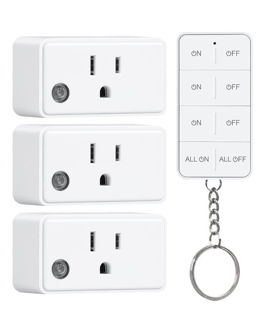 Remote Control Outlet with All ON/Off Switch, 200FT Long Range | Mini Electrical Outlet Plug, 15A/1875W High-Power for Lamps, Lights, Household Appliances, ETL & FCC Listed, Pre-Programmed