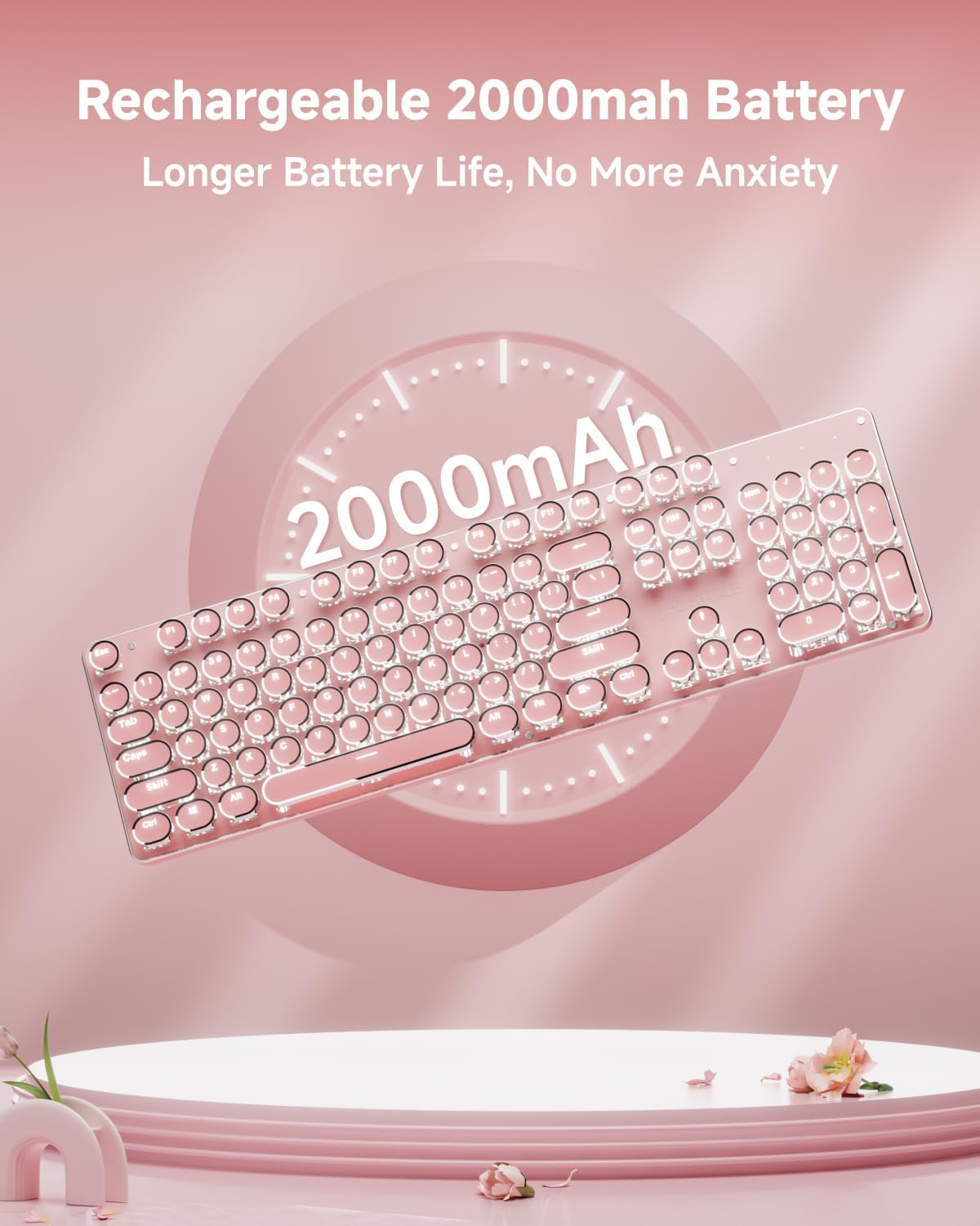 TK950 Typewriter Wireless Mechanical Keyboard, Aesthetic Tri-Mode Bluetooth/2.4G/Wired Retro Punk Typewriter Keyboard with White Backlit, Blue Switch, Round Keycaps for Laptop/Mac/iPad/Win, Pink