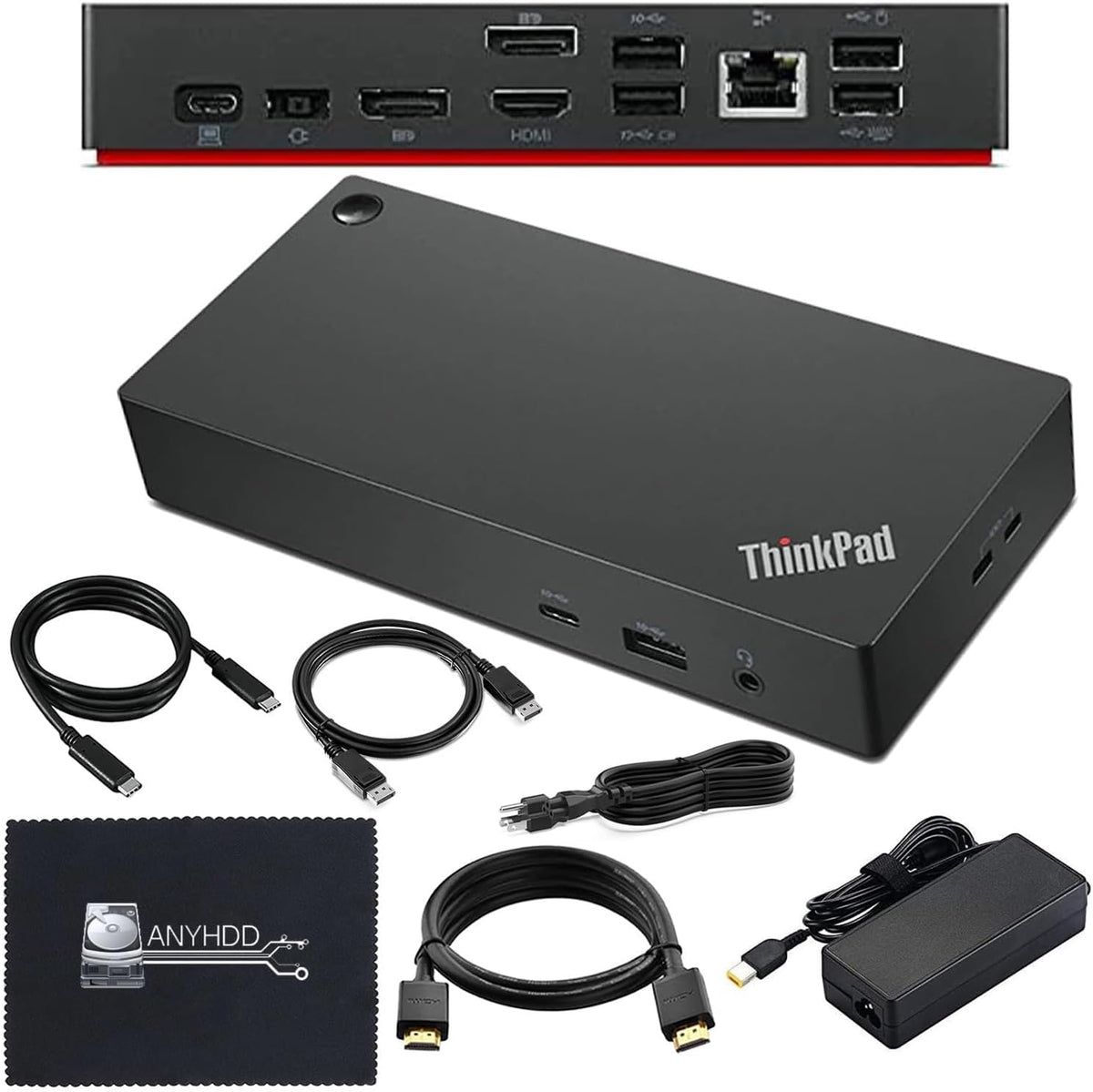 Lenovo 40AY0090US Dock Dual Monitor Bundle - Lenovo Docking Station USB C with 90W AC Adapter + 4K HDMI Cable + 4K DisplayPort Cable + USB-C Cable + Microfiber Cloth - Supports 4K Display (Renewed)