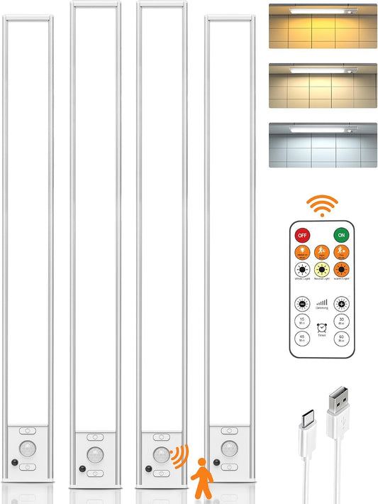 16inch Under Cabinet Lighting Wireless 4 Pack, 4000mAh Rechargeable Motion Sensor Light Indoor, LED Closet Lights with Remote, 3 Color Temps Dimmable Magnetic Under Counter Lights for Kitchen, Stair