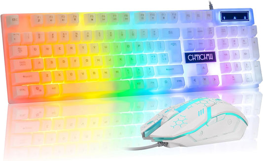 LED Keyboard Mouse,104 Keys Rainbow Backlit Keyboard and 7 Color RGB Mouse | White Gaming Keyboard and Mouse Combo for PC Laptop Xbox PS4 Gamers and Work