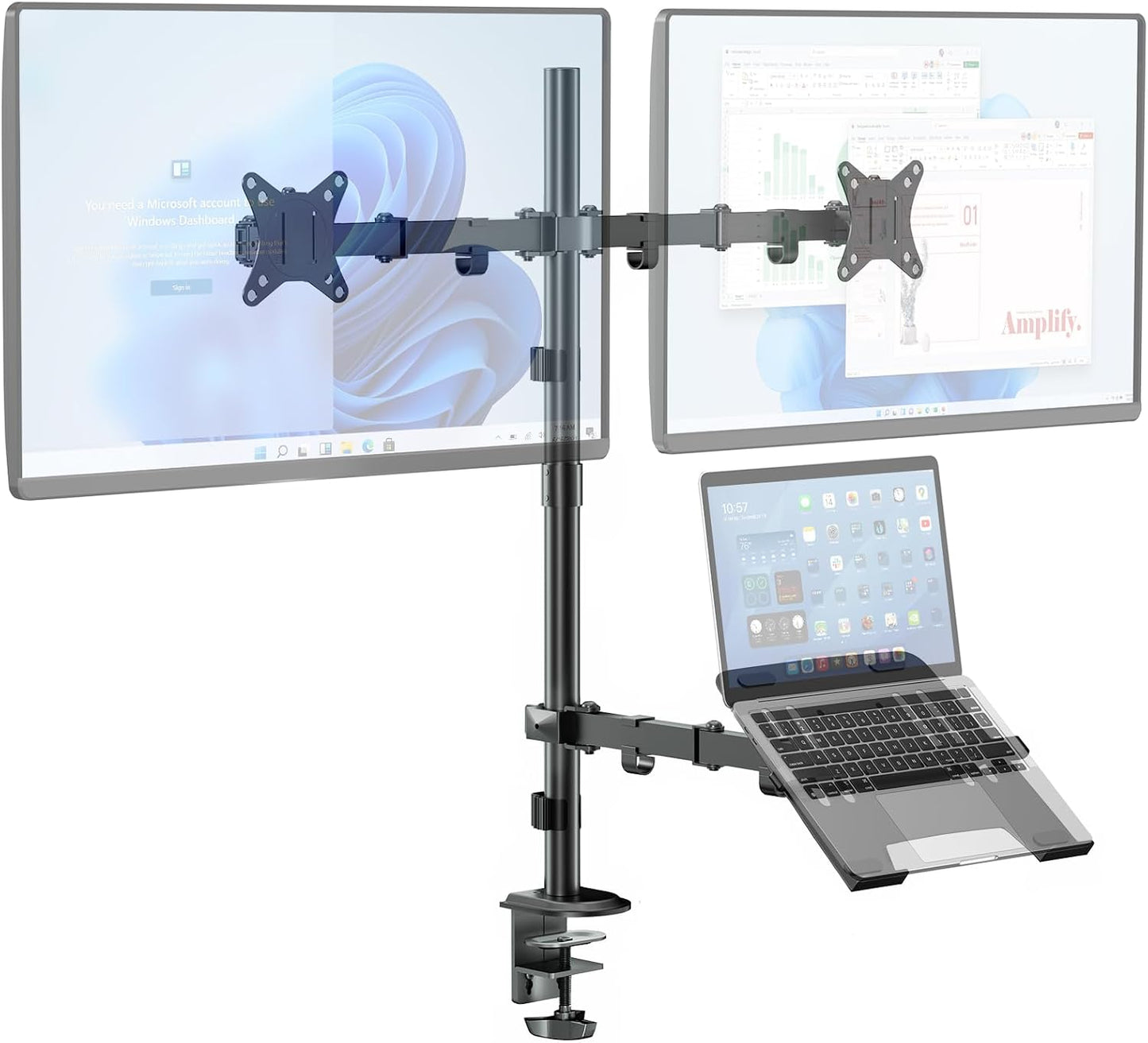 Dual Monitor Stand and Laptop Mount, Fits 32" Monitor &amp; 15" Laptops | Extra Tall Adjustable Stand Holds 19.8 lbs per Arm, Sturdy C-clamp/Grommet Base, Egonomic Setup for Home Office,Black