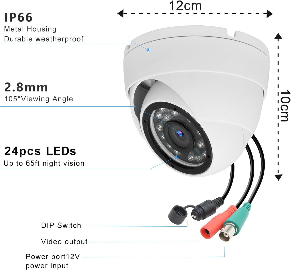 2MP Analog CCTV Camera 1080p 4-in-1 (TVI/AHD/CVI/960H Analog) Dome Security Cameras Outdoor Indoor, 2.8mm Lens, ICR, 24pcs LEDs, IR Night Vision, 105° Wide Angle, Full Metal Housing