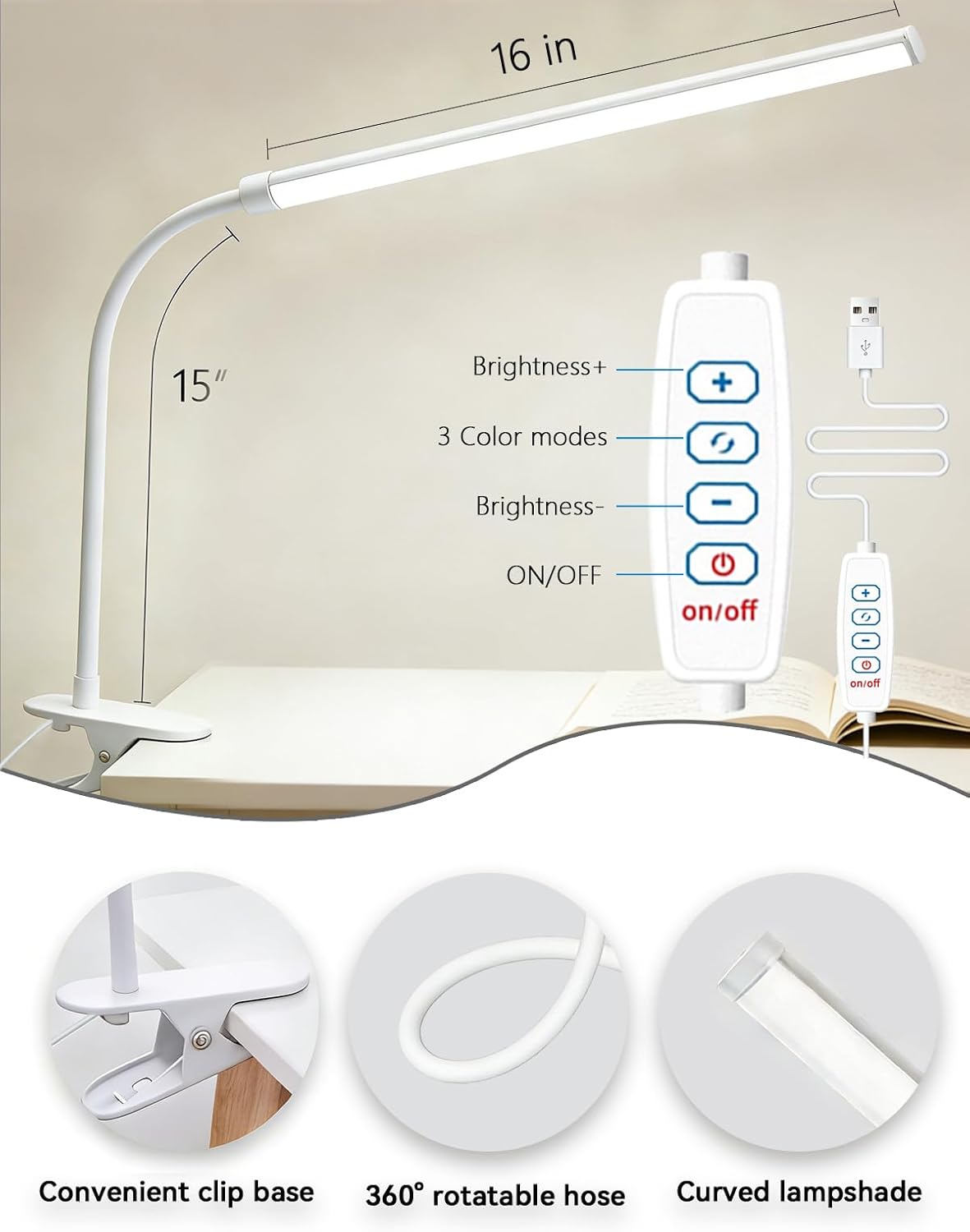 2 Pack LED Clip On Reading Light,Desk Lamp with Clamp,Curved Monitor Light Bar,Bedside Table Lamp for Home Office Bedroom Dorm Study Workbench Task Lighting,Eye Caring Computer Screen Lamp