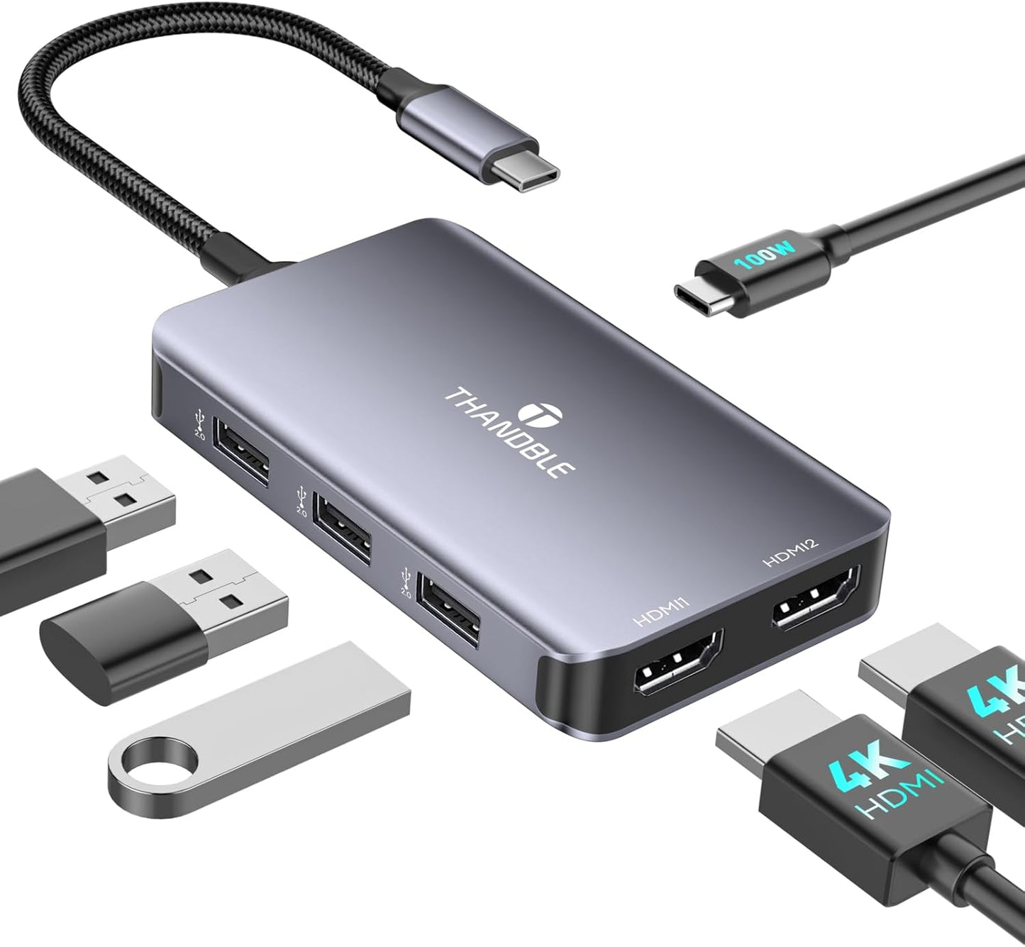 4K@60Hz USB C to Dual HDMI Adapter, 6 in 1 Docking Station Dual Monitor, 3*USB-A Data Ports, 100W PD, HDMI Splitter Extended Display Laptop USB C Hub for MacBook Neo/Air/Pro, HP, Dell and More