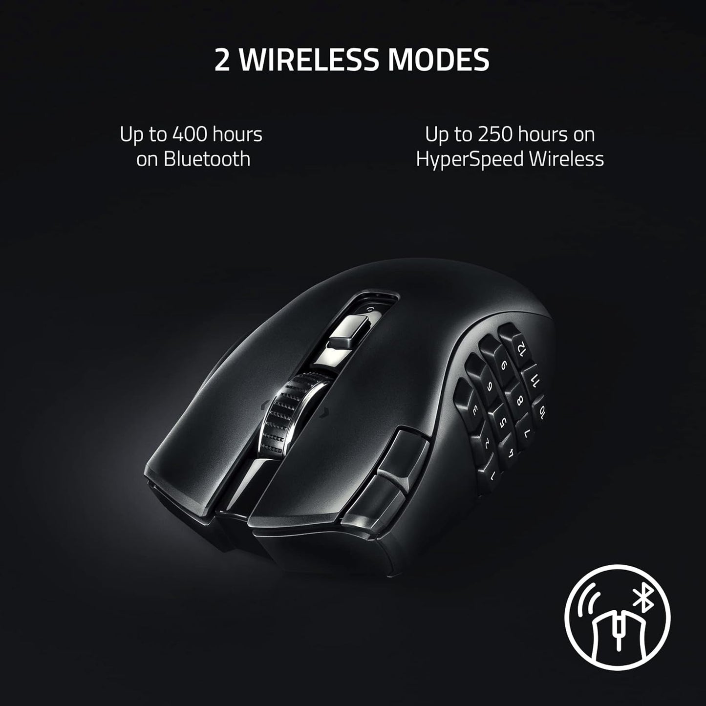 Razer Naga V2 HyperSpeed Wireless MMO Gaming Mouse, 400 Hr Battery, Black | 19 Programmable Buttons, HyperScroll Technology, Focus Pro 30K Optical Sensor, Mechanical Mouse Switches Gen-2