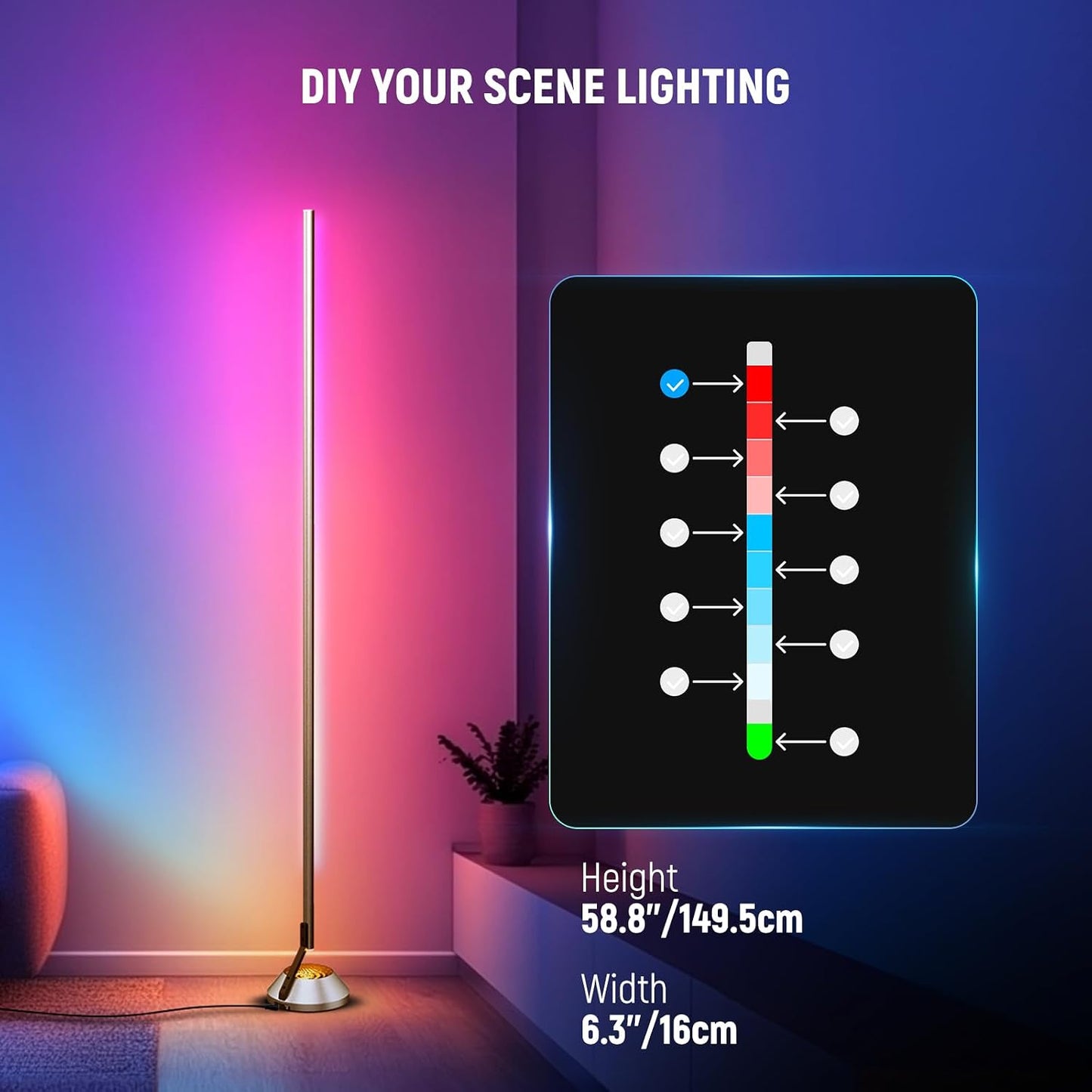 NEEWER Smart RGB IC W Floor Lamp, 1500lm LED Standing Corner Light Compatible with Alexa Google, APP Control/AI DIY/Music Sync/16 Million Colors, Ambience Lighting Bedroom Living Room Home Decor, NF01