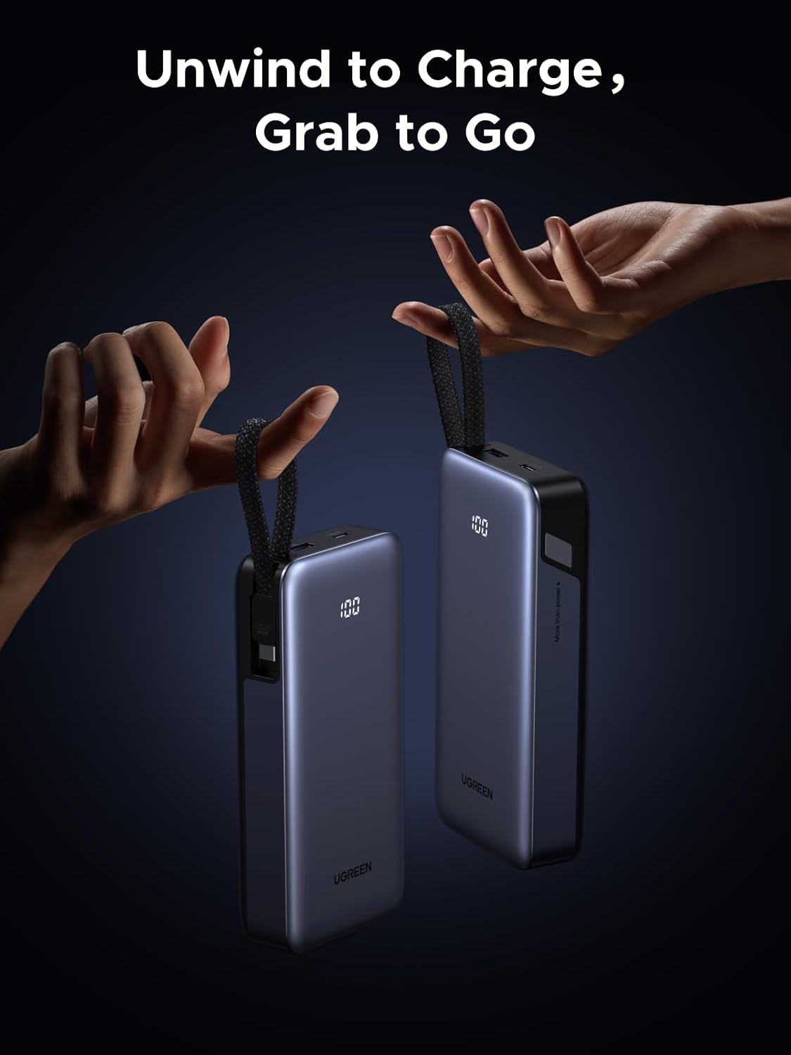 UGREEN Nexode 20000mAh 45W Power Bank, Built-in Cable for iPhone 17 Pro | Built-in USB-C cable, digital display, 3-port. Fast charges for iPhone 17 Pro, S26 Ultra, iPad Pro