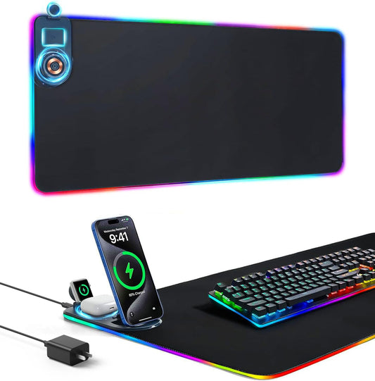 15W Wireless Charging Mouse Pad, Large RGB Gaming Desk Mat, Black