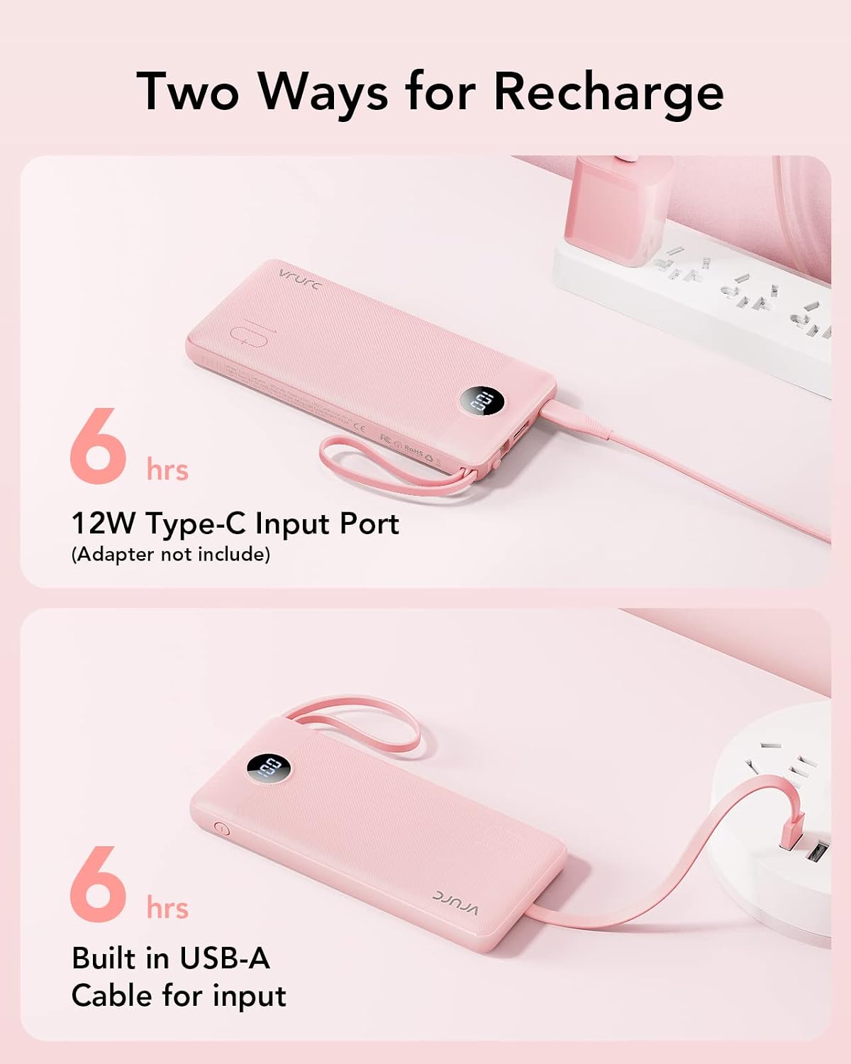 VRURC Portable Charger Power Bank, Built-in 4 Cables &amp; 2 Ports,10000mAh Slim Battery Pack with LED Display, Travel Essential USB C Portable Phone Charger for All Cell Phones Devices-Pink(1 Pack)