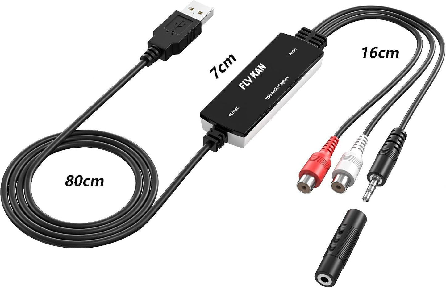 USB 2.0 Audio Grabber with USB-C Adapter – Analog to Digital Converter, Dual RCA/3.5mm Inputs, Vinyl/Cassette to MP3 USB Capture Card for PC/Mac/Linux