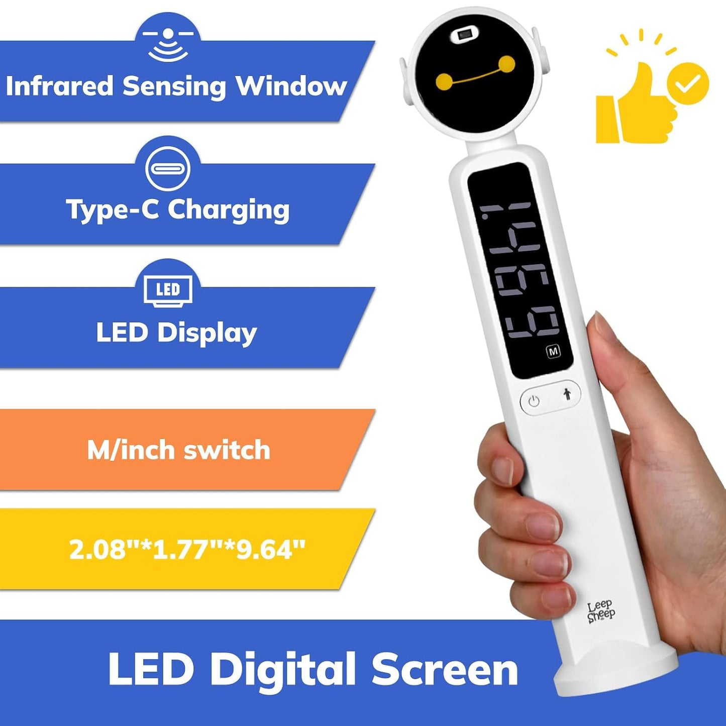 Portable Height Measurement for Kids & Adults | 3-Second Infrared Digital Height Measurement Tool for Wall (94.5in Range), LED Display, Type-C Charging, White