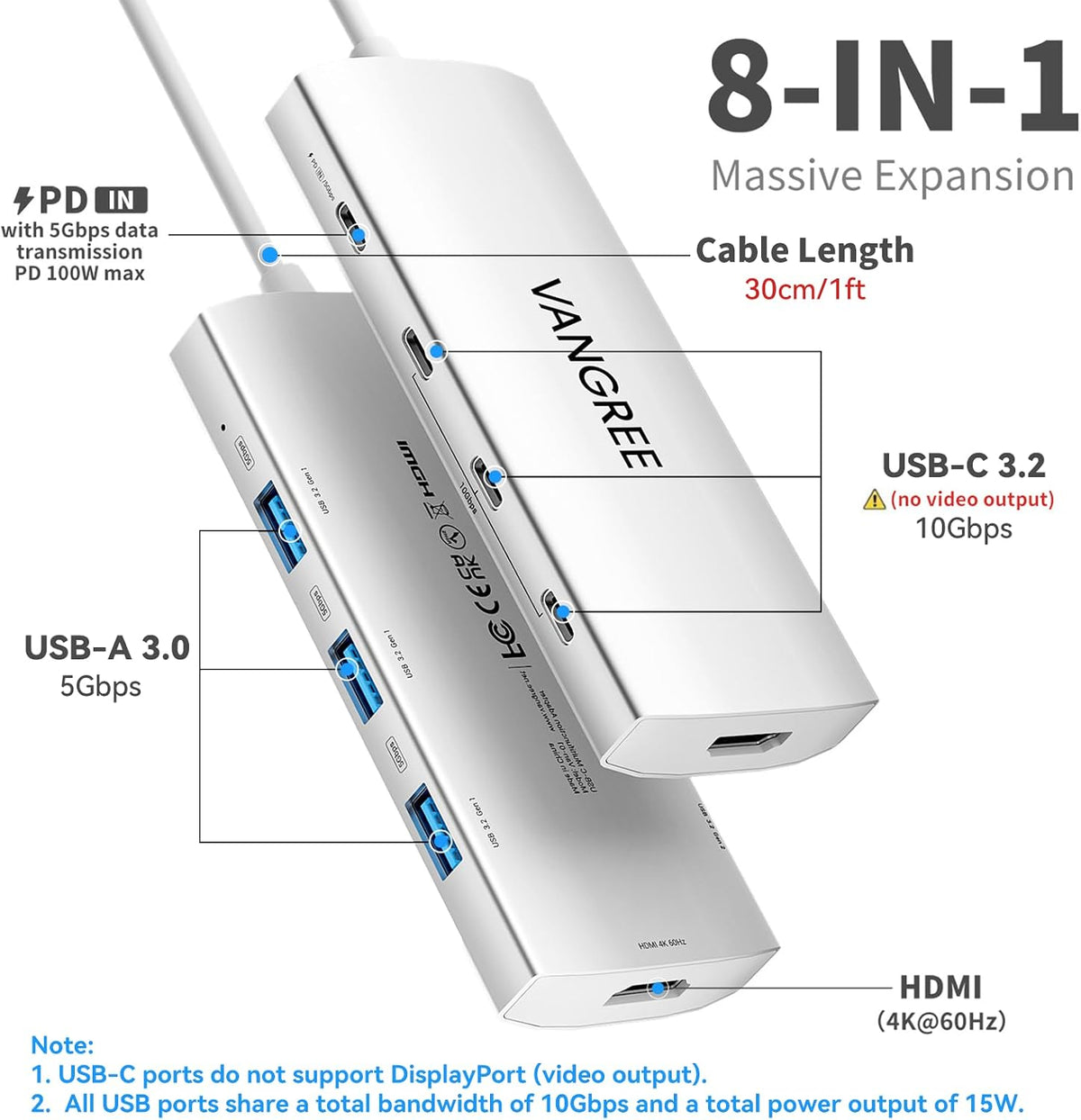 VANGREE USB C Hub 8 in 1, 3 USB-C+3 USB-A 3.2 10Gbps, 4K60Hz HDMI, 100W PD