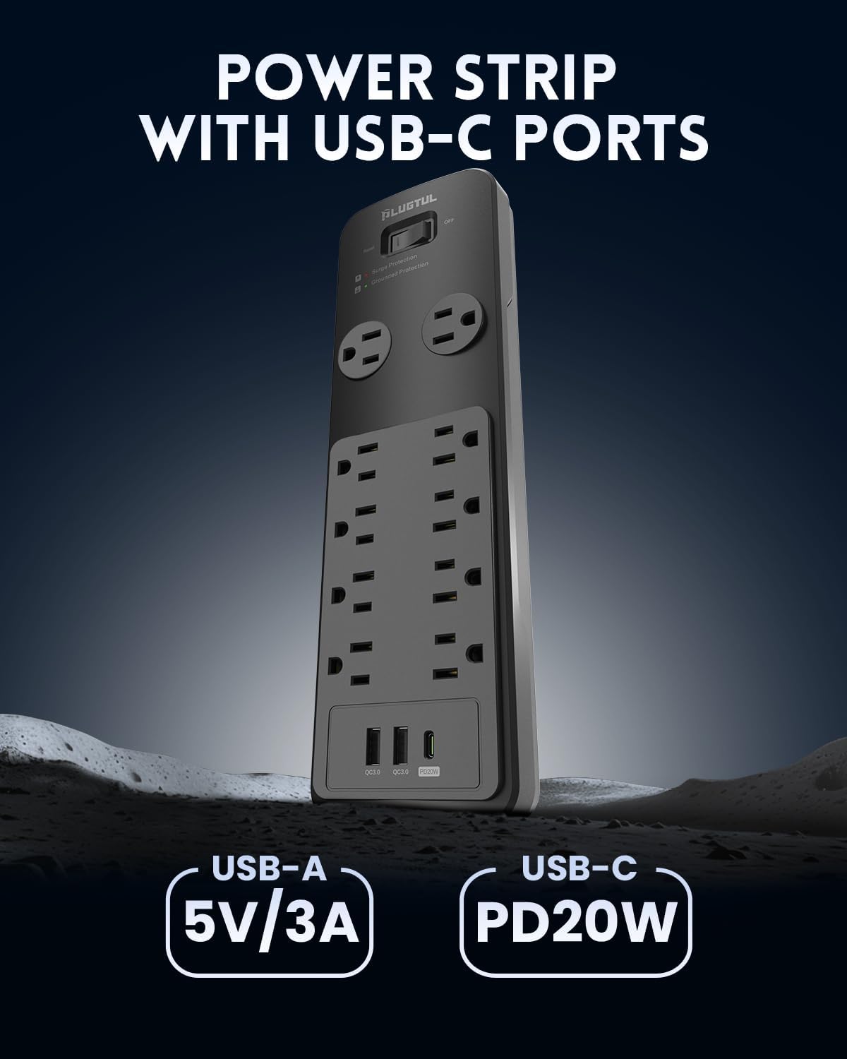 Surge Protector Power Strip 25FT | Surge Protector with 10 Outlets - Spacious Design for Large Plugs, Flat Plug, 20W USB C Charging for Home, ETL Listed, 2040J