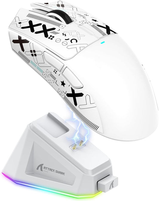 ATTACK SHARK X11 59g Lightweight Wireless Gaming Mouse,RGB Magnetic Charging Dock,Tri-Mode-BT/2.4G Wireless/Wired Mouse with Grip Tape,22000 DPI,5 Programmable Buttons for Pc/Mac(White&Sticker)