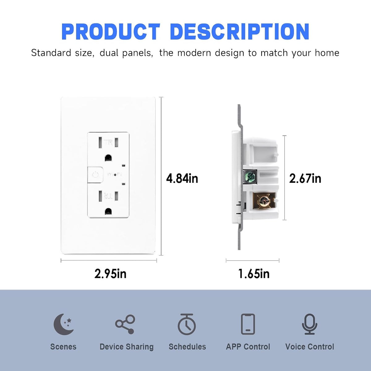 Smart Wall Outlet, TR Receptacle, 2.4 Ghz WiFi, Alexa&Google, ETL&FCC