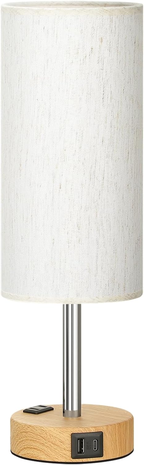 Bedside Table Lamp for Bedroom - Dimmable Touch, USB A+C, AC Outlet | 3-Way Dimmable, LED Bulb Included, Fabric Lampshade, Wood-Grain Metal Base, 14" Small Nightstand Lamp for Desk, Living Room
