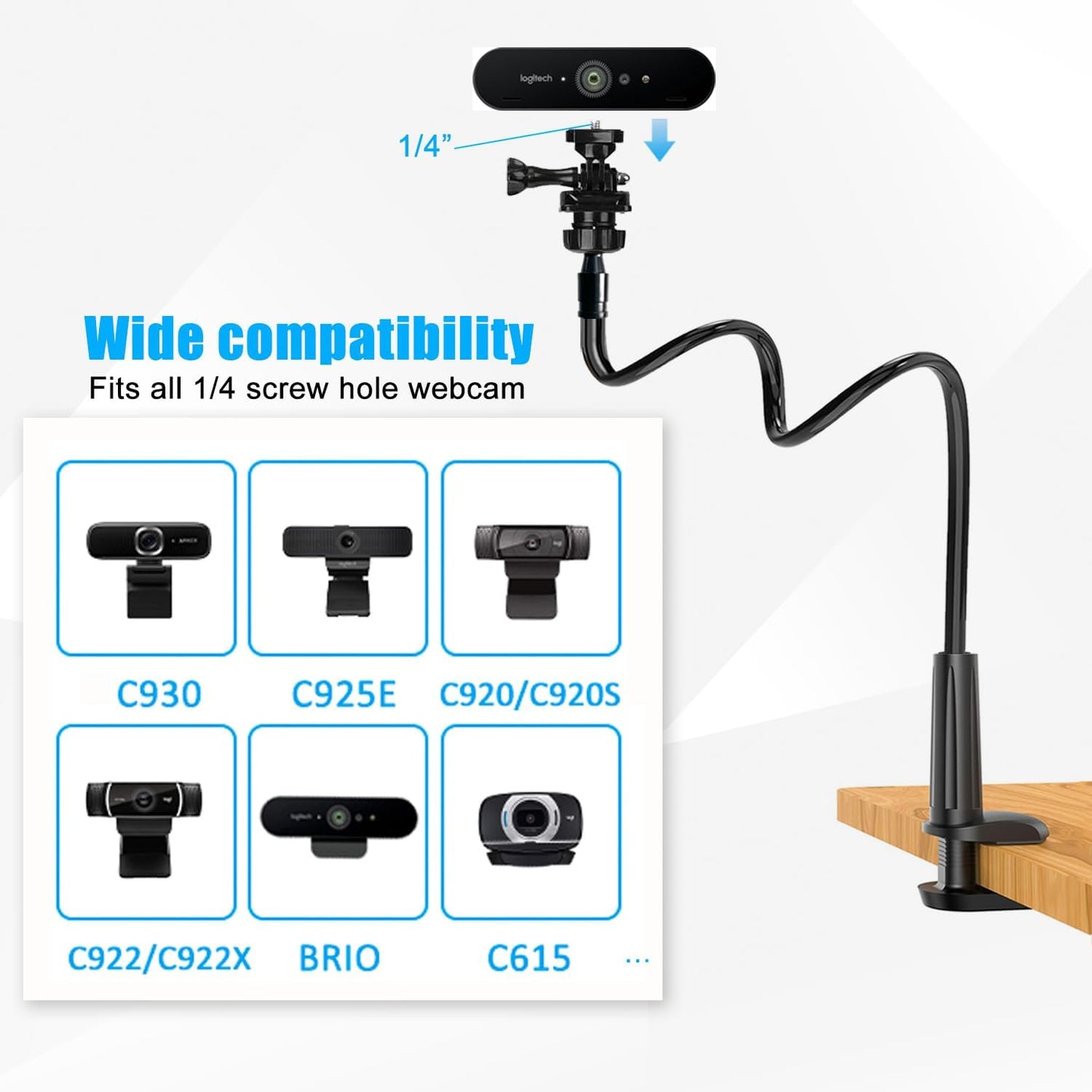 Webcam Stand for Desk, Flexible Gooseneck Webcam Mount Holder Arm with Phone Holder, Web Cam Stand Computer Camera Desk Mount for Logitech C922 C930e C920S C920 C615 C960 C920x BRIO 4K NexiGo N60