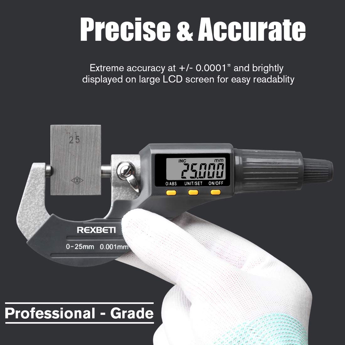 REXBETI Outside Micrometer, Ultra-Precision Carbide Tipped Measuring Tool | Digital Micrometer, Professional Inch/Metric, 0.00005"/0.001 mm Resolution Thickness Gauge, Protective Case, Extra Battery