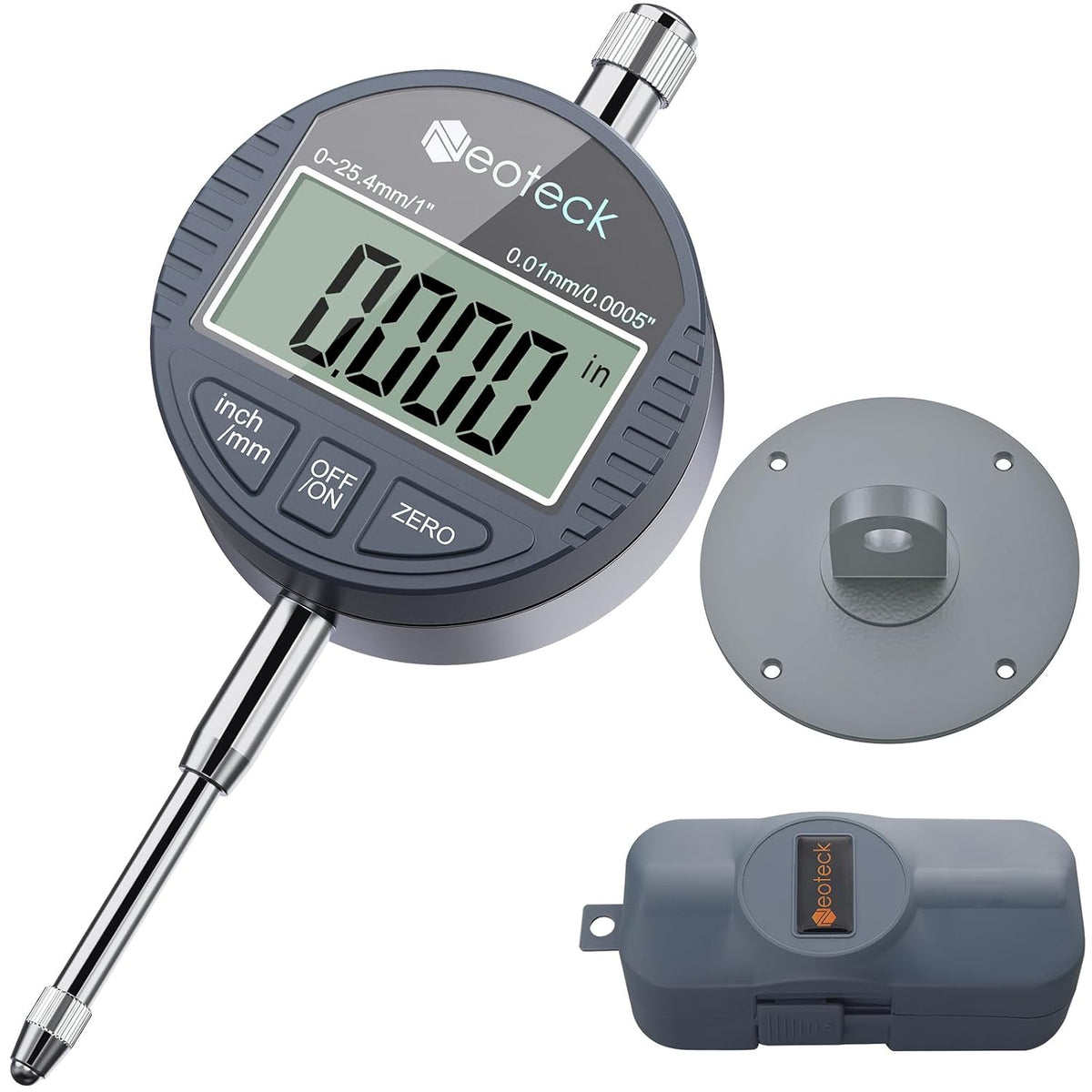 Neoteck 1"/25.4mm Digital Dial Indicator 0.0005"/0.01mm Dial Test Indicator | DTI Dial Gauge with Large LCD Display,Inch/Metric Conversion,Zero Setting for Mechanical Industrial Measurement CNC-Grey