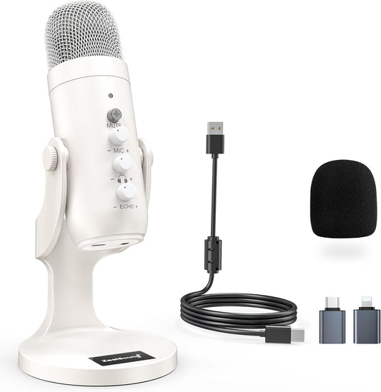 ZealSound Podcast Microphone for iPhone PC & Android, Noise Cancellation Mic with Gain Knob, Volume Adjustment & Mute Button, Monitor & Echo, for ASMR Podcasting Recording YouTube & TikTok - K66 White