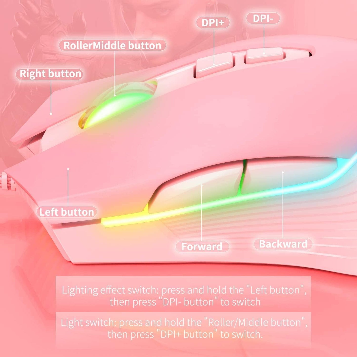 RGB Gaming Mouse Wired, 6400 DPI & 7 Buttons, Pink | USB optical mouse - 6 adjustable DPI levels & 7 programmable buttons, ergonomic design for laptop/Windows PC/Vista/Linux/Mac