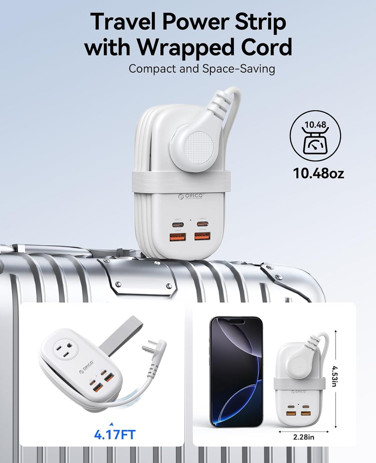 ORICO 65W GaN Travel Power Strip with Flat Plug and 4FT Extension Cord | 7-in-1 Charging Ports (3 AC Outlets/2 USB-A/2 USB-C), Fast Charger for MacBook Pro/Air, iPad Pro, iPhone 17/16/15- AP3