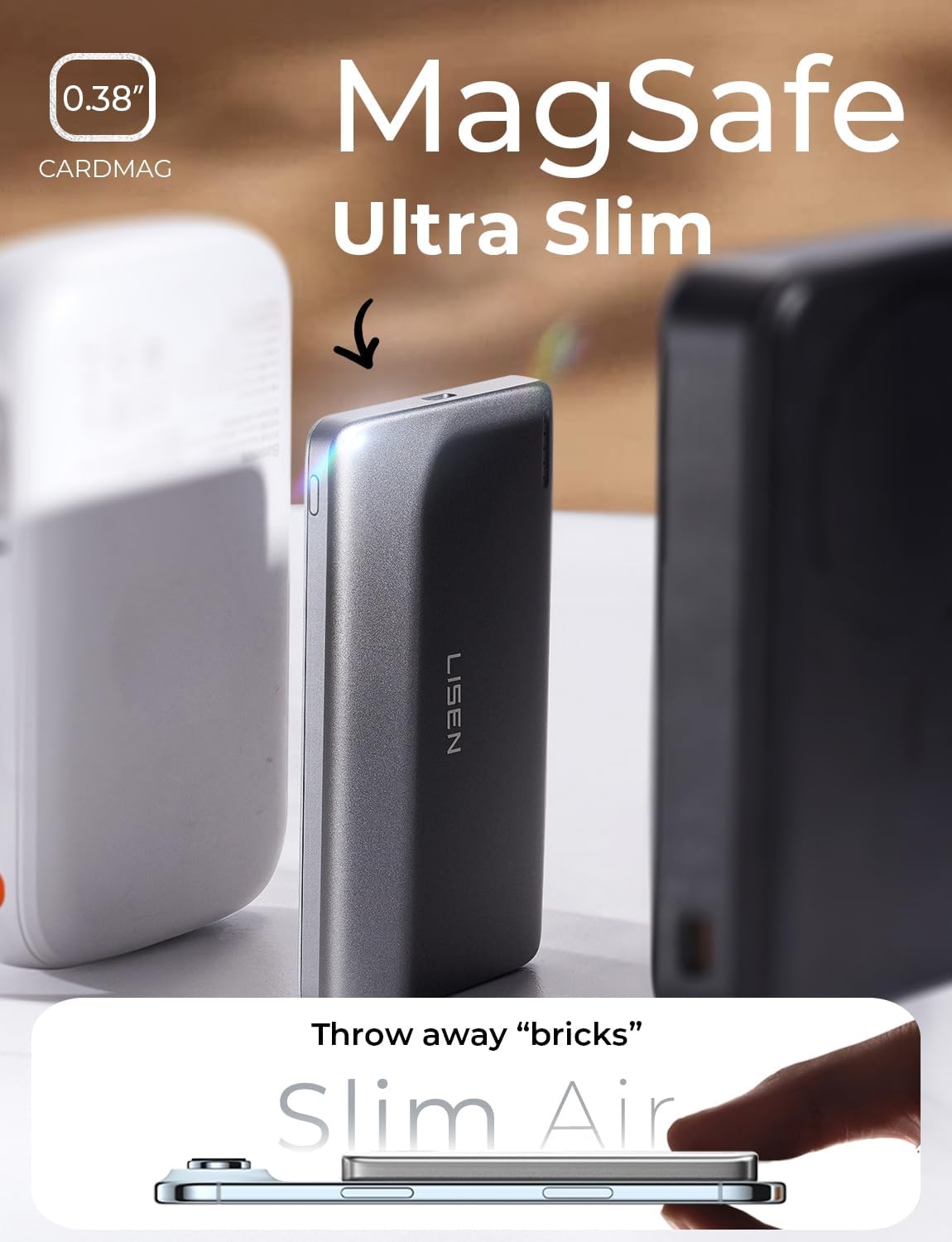 LISEN Ultra Slim MagSafe Power Bank,5000mAh Wireless Slim MagSafe Battery Pack,Magnetic Portable Charger,Magnetic Power Bank for iPhone 17 Pro Max Plus Air/16-12 Series,Gifts for Men Women