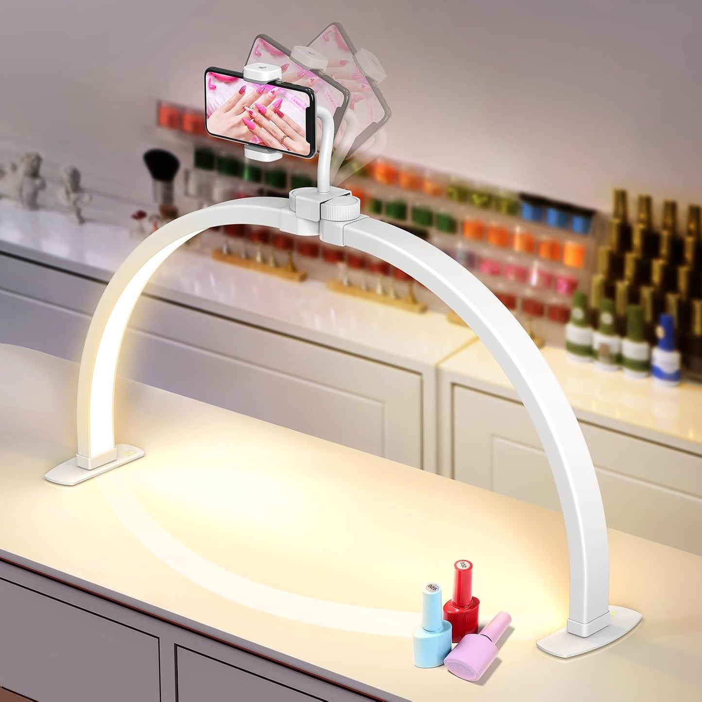 Yokilly Half Moon Light for Nail Desk: 29" Foldable Nail Light for Desk | Arch Nail Tech Light with Phone Holder for Beginner - 3 Color Modes & 10 Brightness for Manicure Salon-White