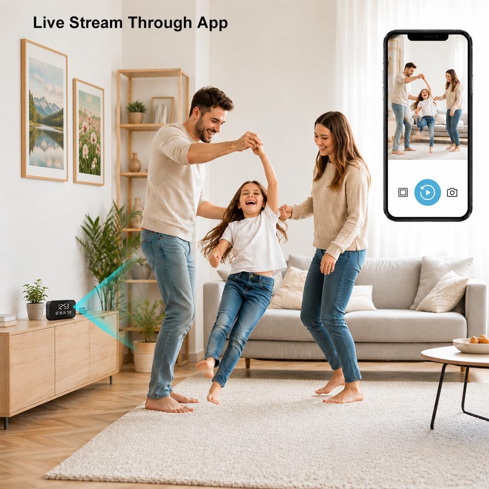 Clock Camera – Nanny Cam with 1080P HD Video, AI Motion Detection, Night Vision, Dual-Band 2.4/5GHz WiFi, Bluetooth Setup, Local & Cloud Storage, Indoor Security Camera for Home & Office