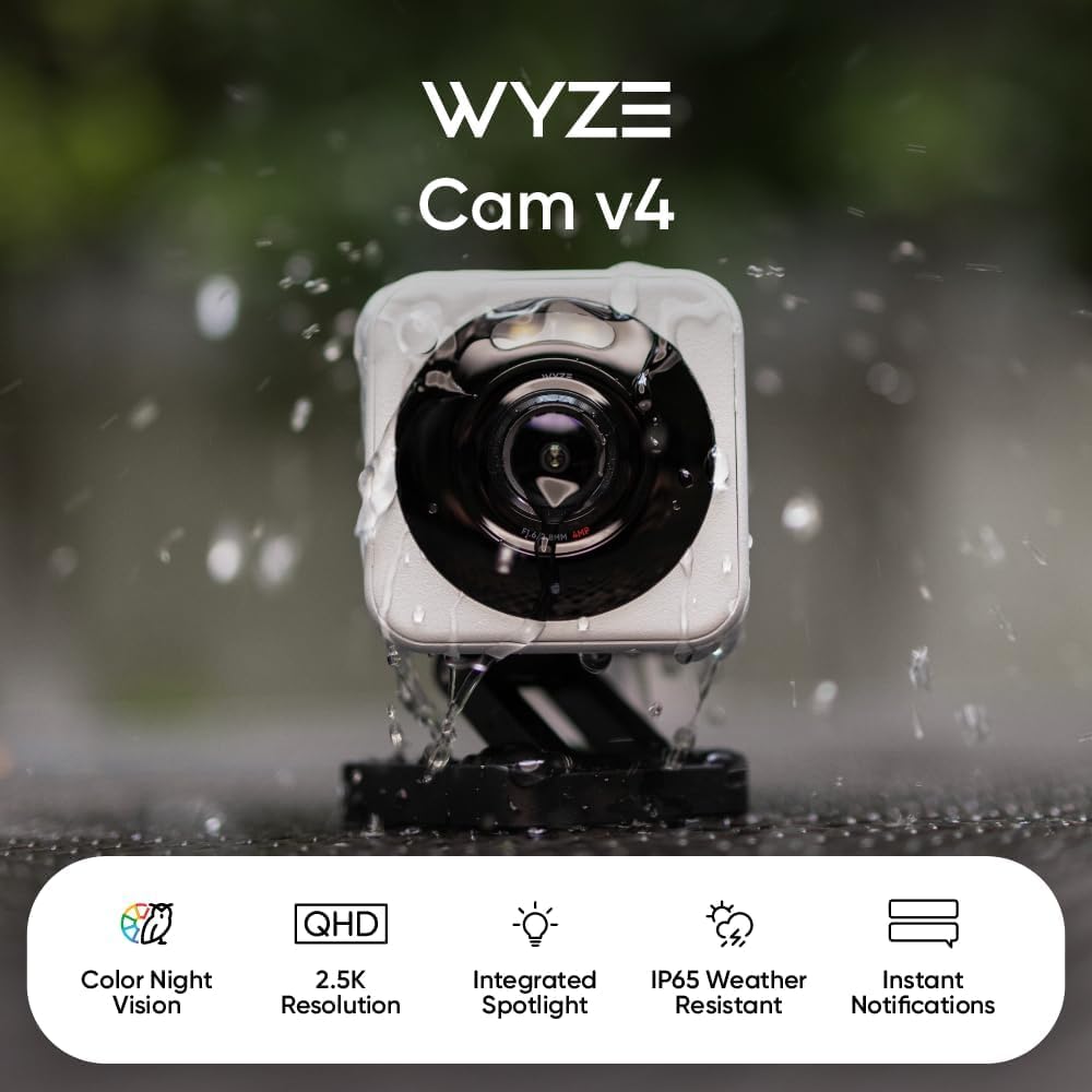 WYZE Cam v4, 2.5K WiFi Security Camera, Indoor/Outdoor Cameras for Home Security, Motion Activated Spotlight/Siren, Color Night Vision, 2-Way Audio, Compatible with Alexa & Google (Renewed)